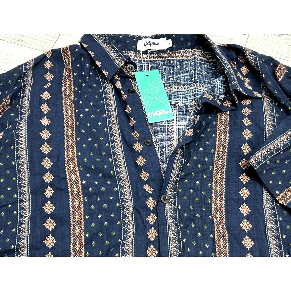 VATPAVE Button Shirt Men L Multi Color‎ Navy/Orange Cotton/viscose Boho Festival